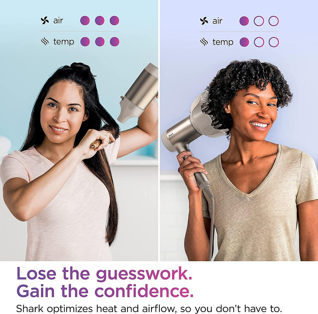 Shark HD113BRN Hair Blow Dryer HyperAIR Fast-Drying with IQ 2-in-1 Concentrator and Curl-Defining Diffuser Attachments, Auto Presets, Ionic, Styling Tools, No Heat Damage, Extendable Prongs, Stone
