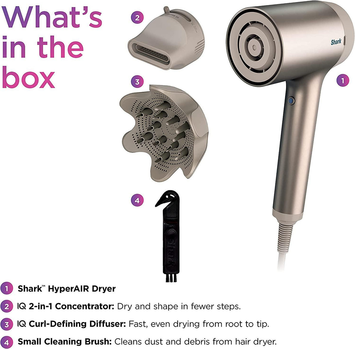 Shark HD113BRN Hair Blow Dryer HyperAIR Fast-Drying with IQ 2-in-1 Concentrator and Curl-Defining Diffuser Attachments, Auto Presets, Ionic, Styling Tools, No Heat Damage, Extendable Prongs, Stone