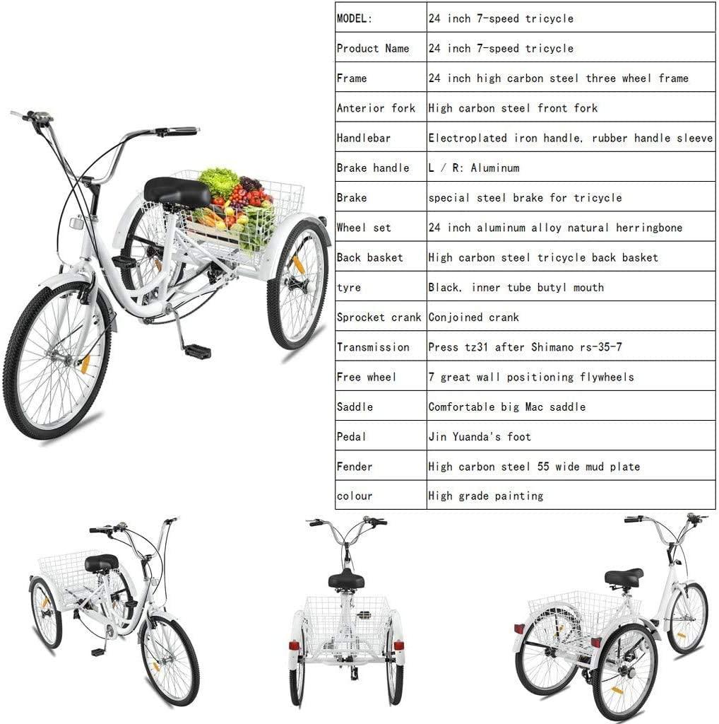 Adult Tricycles 7 Speed, Adult Trikes 24inch 3 Wheel Bikes, Three-Wheeled Bicycles Cruise Trike with Shopping Basket for Seniors, Women, Men