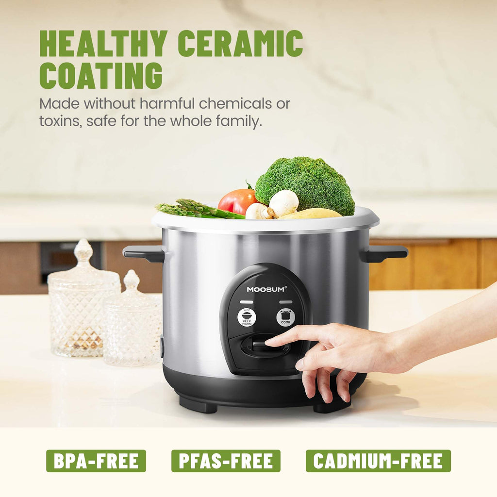 3-Cup Uncooked Rice Cooker Small - Ceramic Coating Non-Toxic Inner Pot, One-Touch Multifunction for Rice/Sauté/Yogurt, Dishwasher Safe, 1-3 People Size,  Steel