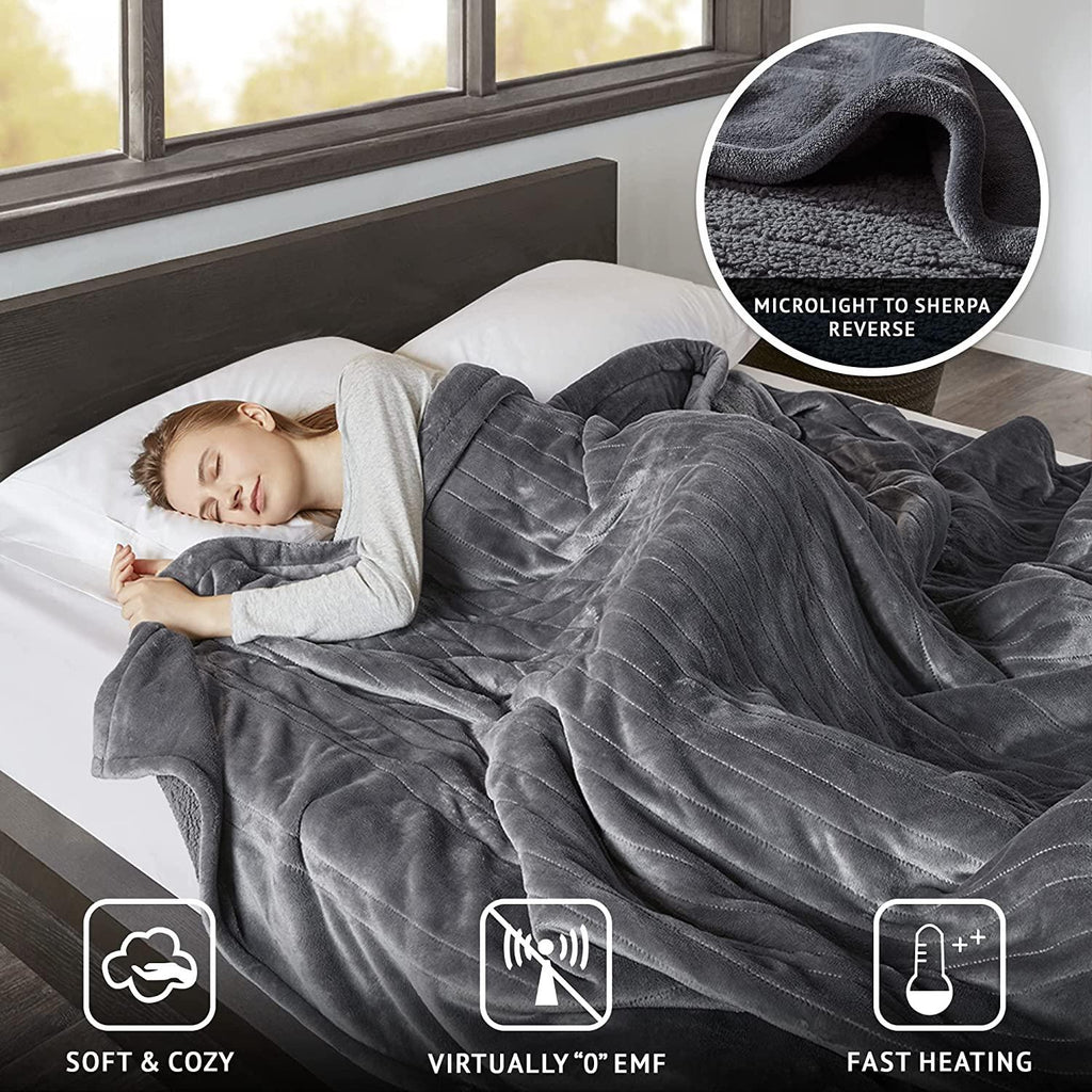 Heated Microlight to Berber Elect Electric Blanket with Two 20 Heat Level Setting Controllers, Queen: 84x90, Grey,BR54-0418