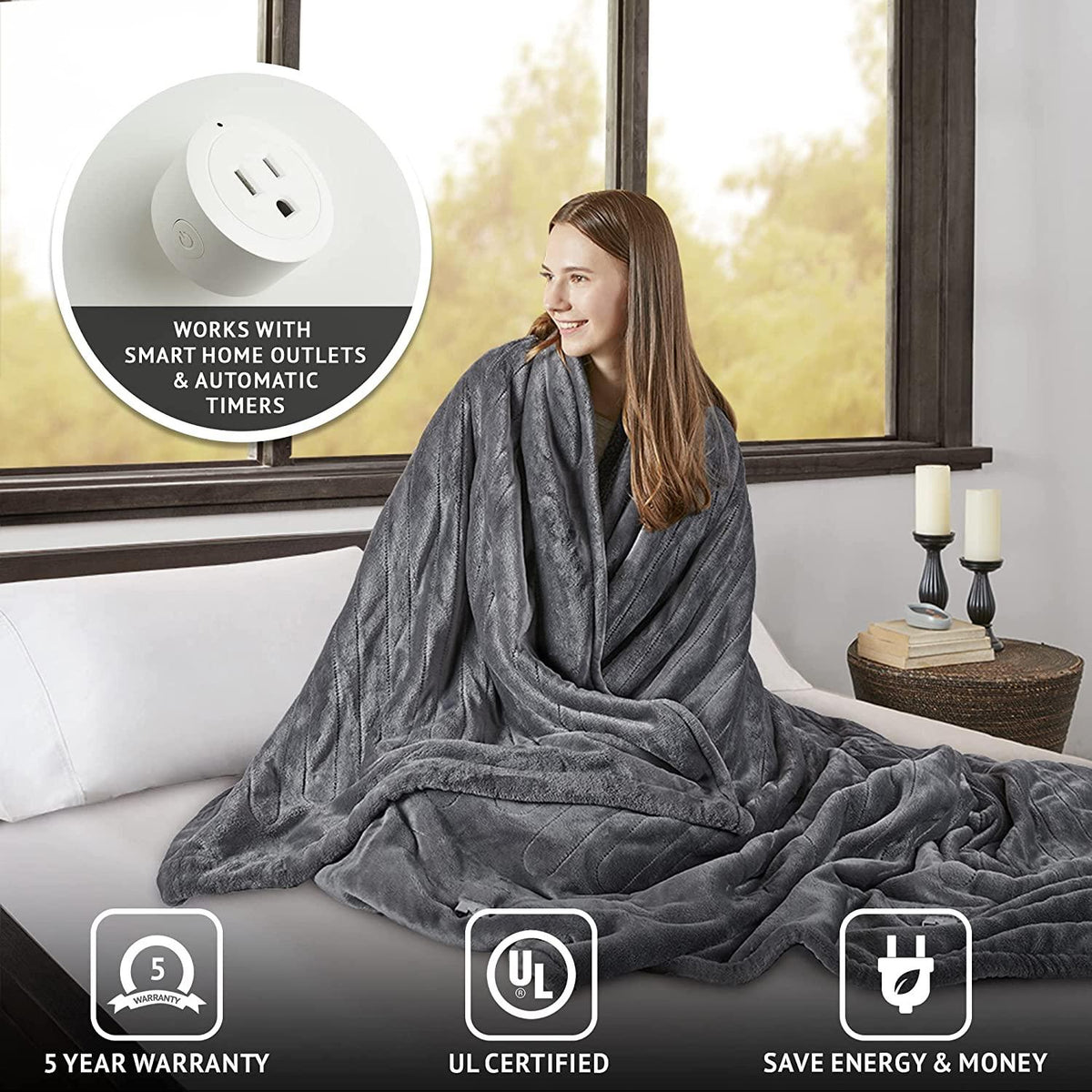 Heated Microlight to Berber Elect Electric Blanket with Two 20 Heat Level Setting Controllers, Queen: 84x90, Grey,BR54-0418