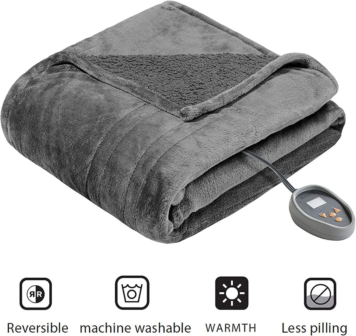 Beautyrest Reversible Microlight to Sherpa Electric Blanket, Auto Shut Off, Virtually Zero EMF, Multi Heat Setting, UL Certified, Machine Washable, Grey (90 inx100 in)