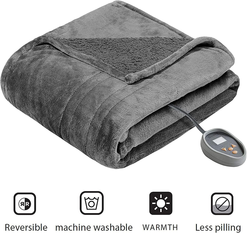 Heated Microlight to Berber Elect Electric Blanket with Two 20 Heat Level Setting Controllers, Queen: 84x90, Grey,BR54-0418