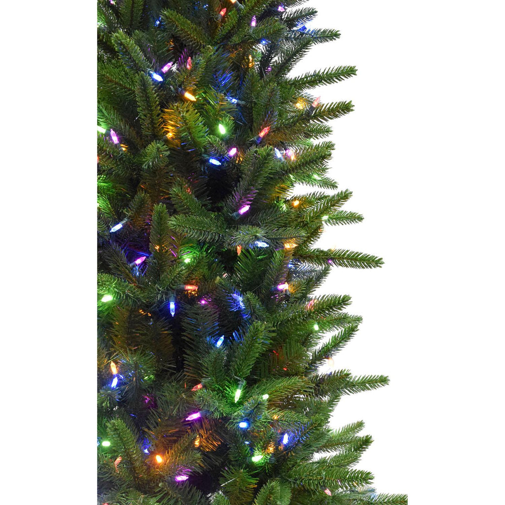 Fraser Hill Farm Multi-color Prelit LED Green Hinged Carmel Pine Slim Artificial Christmas Tree, with String Lighting 9'