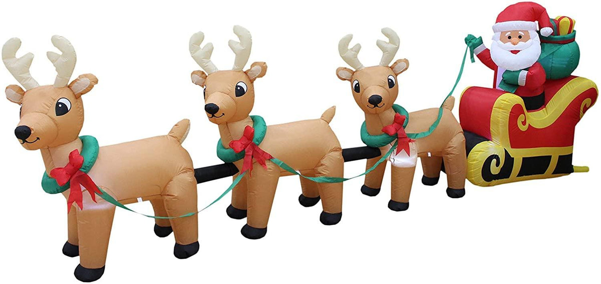 Two Christmas Party Decorations Bundle, Includes 14 Foot Tall HuChristmas Inflatable Santa Claus, and 12 Foot Long Lighted Inflatable Santa Claus on Sleigh with 3 Reindeer &amp; Christmas Tree Blowup