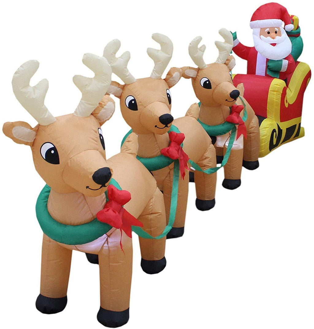 Two Christmas Party Decorations Bundle, Includes 14 Foot Tall HuChristmas Inflatable Santa Claus, and 12 Foot Long Lighted Inflatable Santa Claus on Sleigh with 3 Reindeer &amp; Christmas Tree Blowup