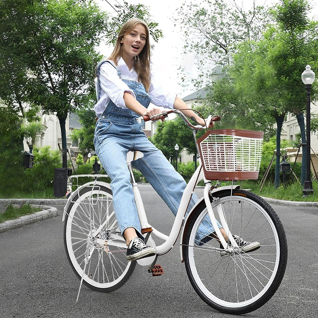 26In Women's Cruiser Bike-Classic Bicycle Retro Bicycle Beach Road Bike Seaside Travel Bike Fashionable and Leisurely Bicycle White Comfortable Bicycle for WifeMother [Shipping from U.S ]