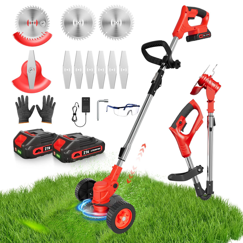 21V Cordless Weed Wacker, Lightweight 3-in-1 Grass Trimmer/Brush Cutter/Edger, 2.0Ah Battery Powered Weed Eater, Foldable Stringless Lawn Edger, Adjustable Height Electric Mower for Garden