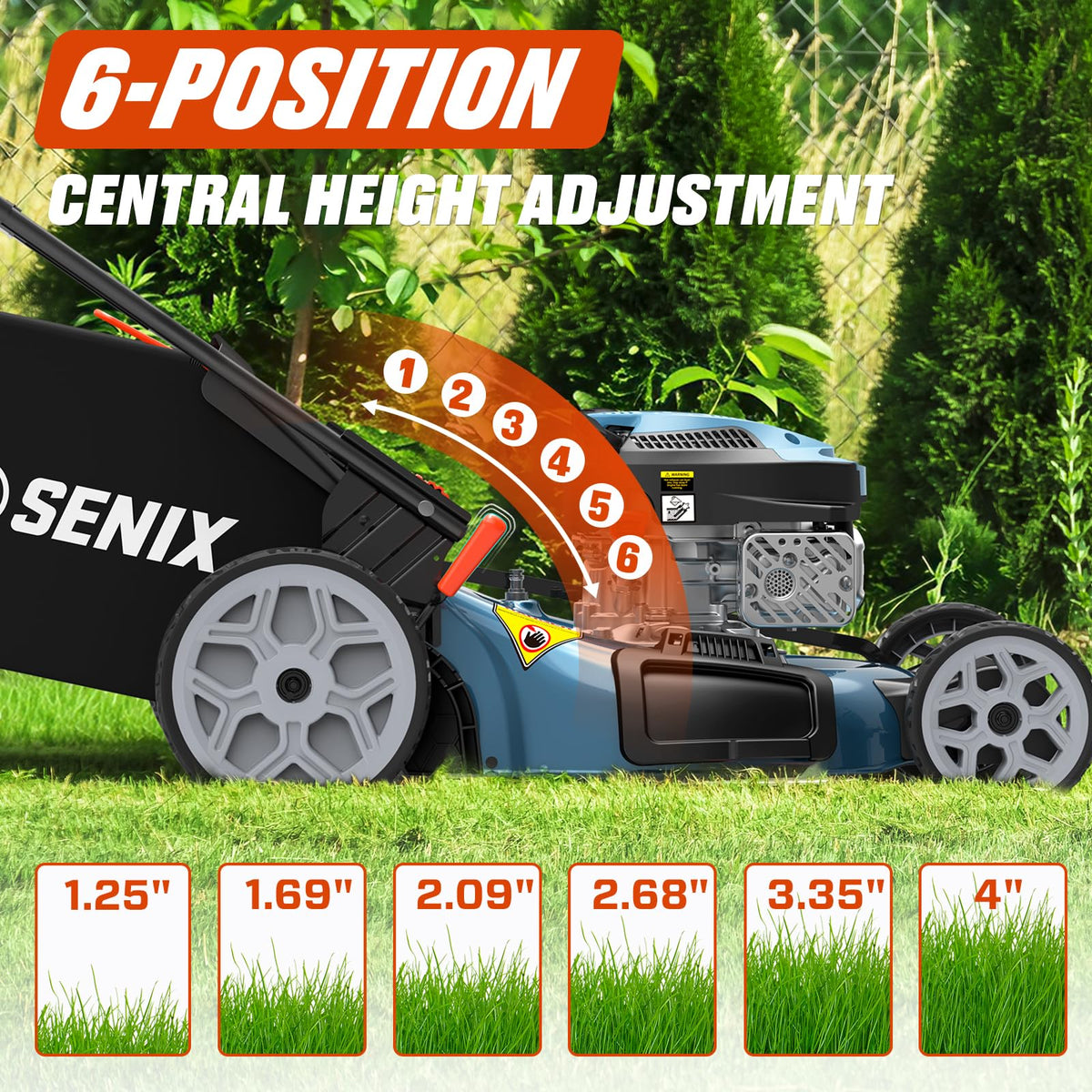 22 Inch 3-in-1 Gas Lawn Mower, 201cc Rear Wheel Single Speed Self-Propelled Mower, 4-Cycle Engine, Steel Deck, Mulching, Bagging, Discharging, 6-Position Cutting Height Adjustable, for Yard