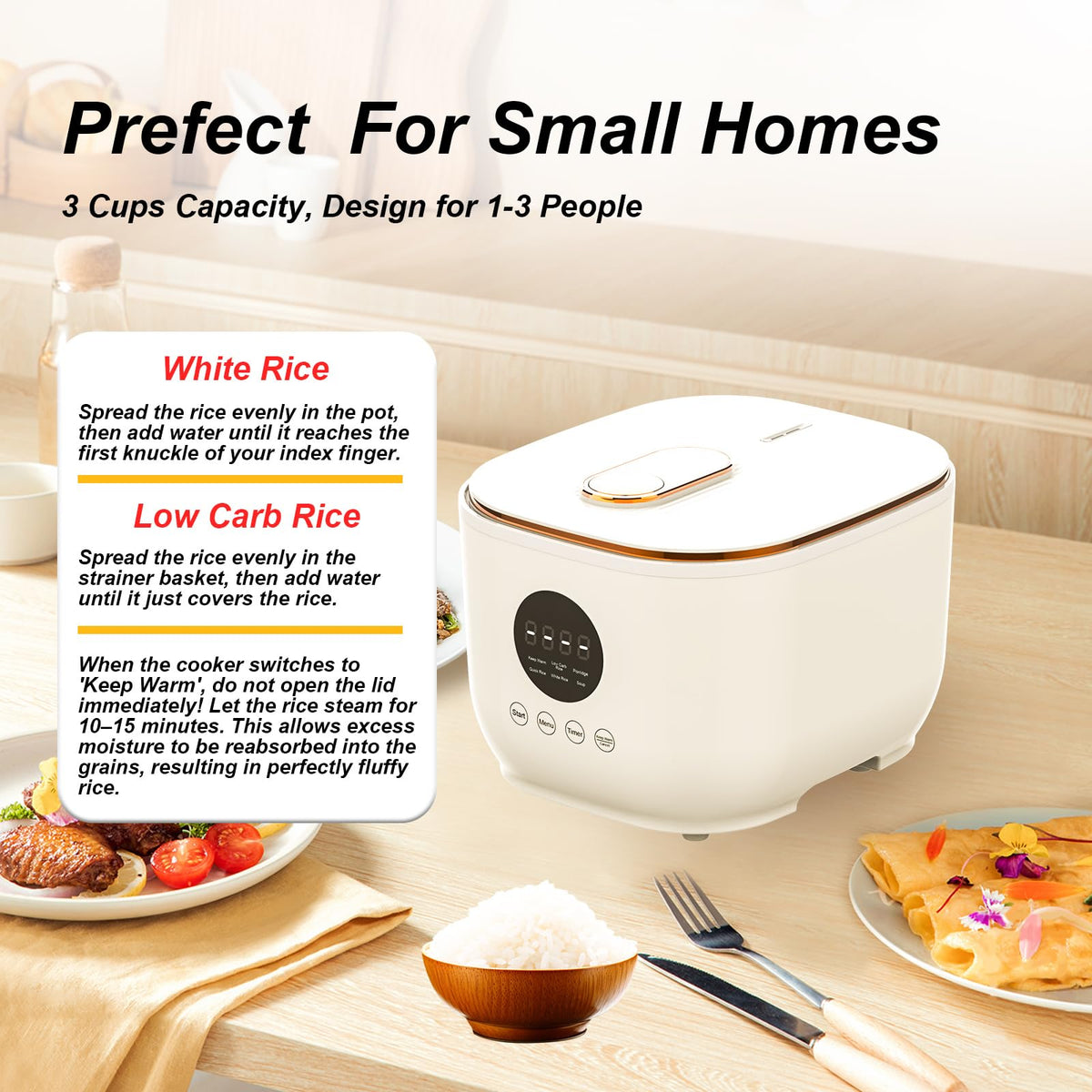 3L Healthy Low Carb Rice Cooker, Low Sugar Digital Steamer,Porridge,Soup, Rice,White Rice, Steel Filter Basket，5 CooFunctions,24H Timer & Auto Keep Warm