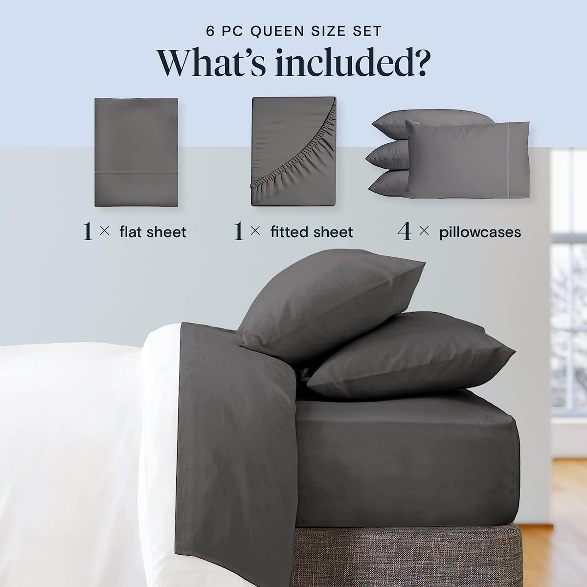 LuxClub 6 PC Full Size Sheet Set Bamboo Sheets Deep Pockets 18" Eco Friendly Wrinkle Free Cooling Sheets Machine Washable Hotel Bedding Silky Soft - Grey Full