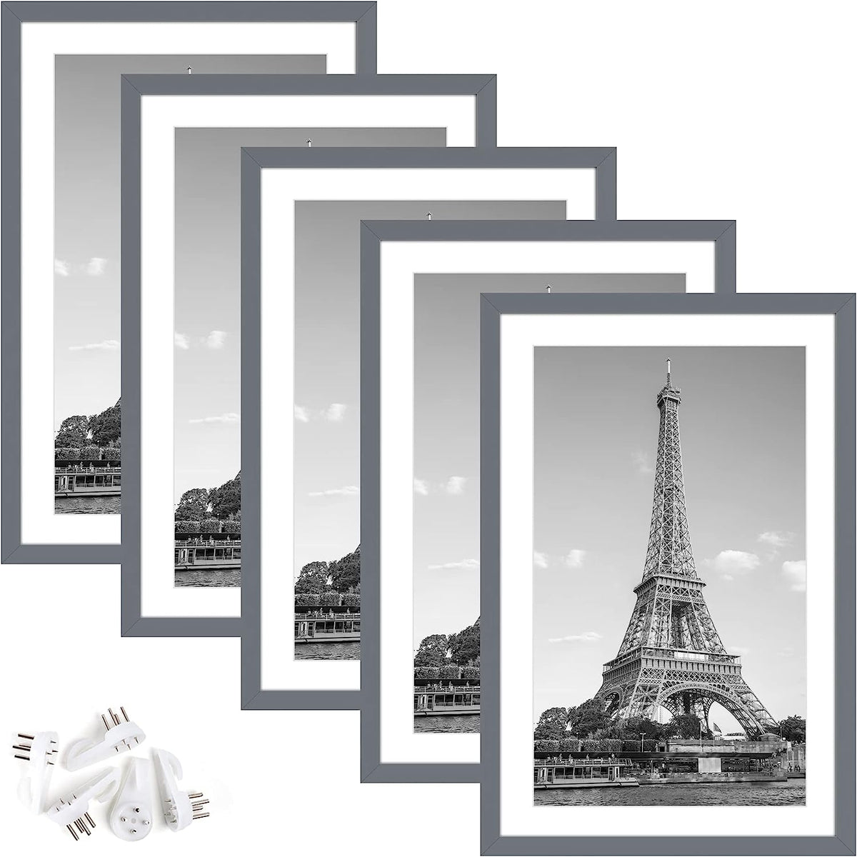 upsimples 11x17 Picture Frame Set of 5, Display Pictures 9x15 with Mat or 11x17 Without Mat, Wall Gallery Photo Frames, Dark Gray