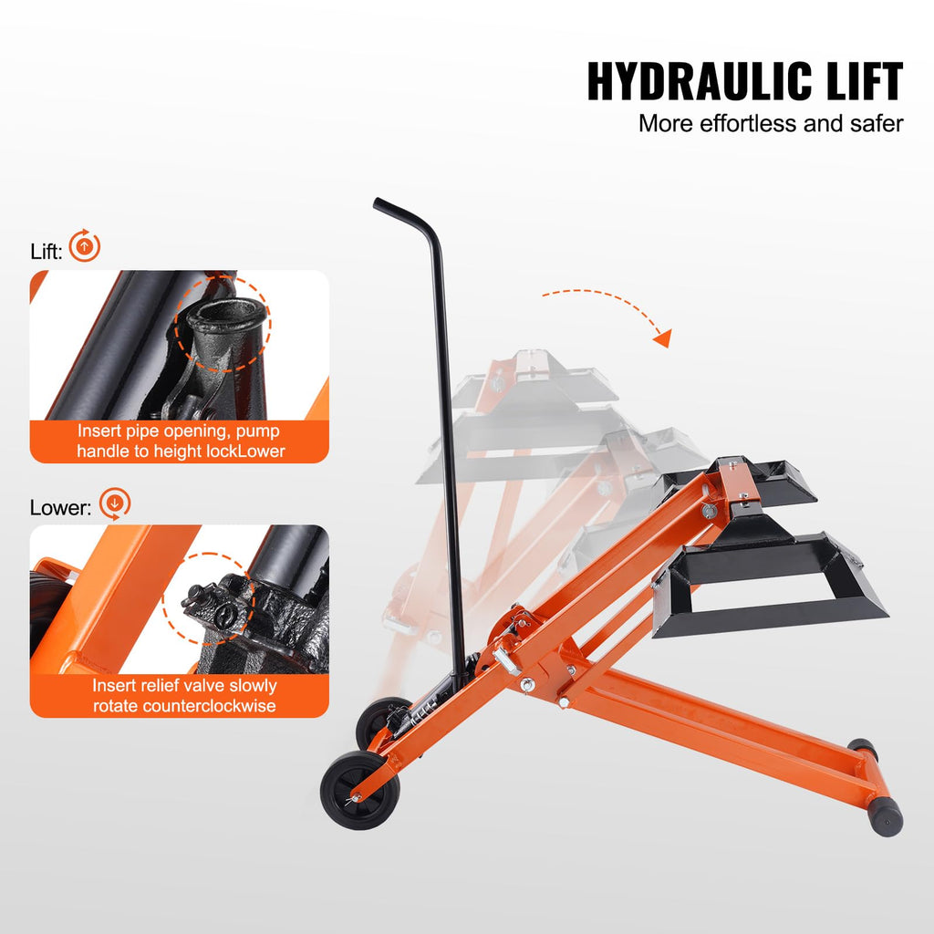 Lawn Mower Lift with Hydraulic Jack, 500 Lbs Weight Capacity, Solid Carbon Steel Lawn Mower Lift, Adjustable Movable Lawn Lifter for Riding Tractors and Zero Turn Lawn Mowers, Orange
