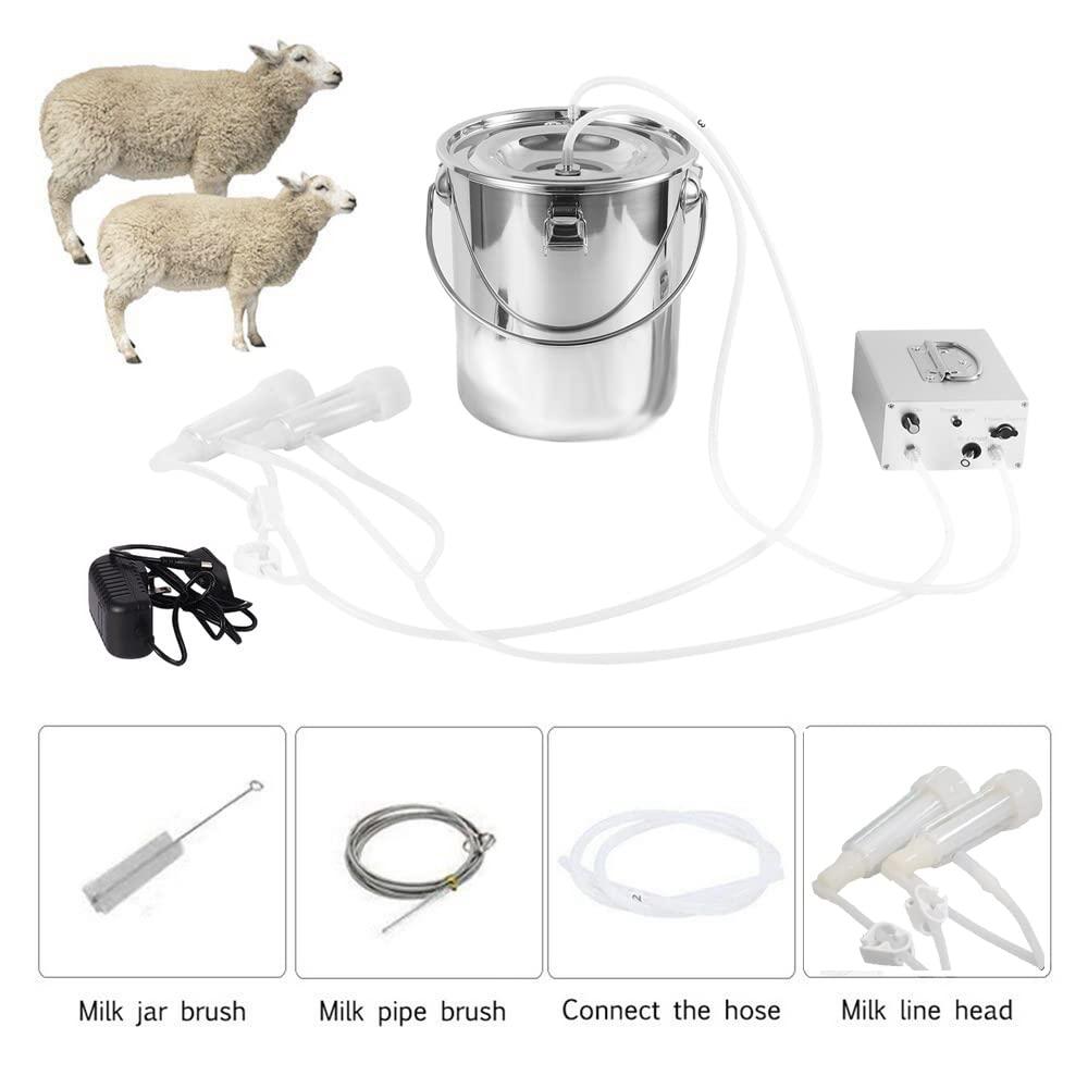 mapotad 7l goat electric milking machine, automatic rechargeable battery powered pulsation vacuum pump with 2 teat cups stainless steel bucket for goat(battery model)