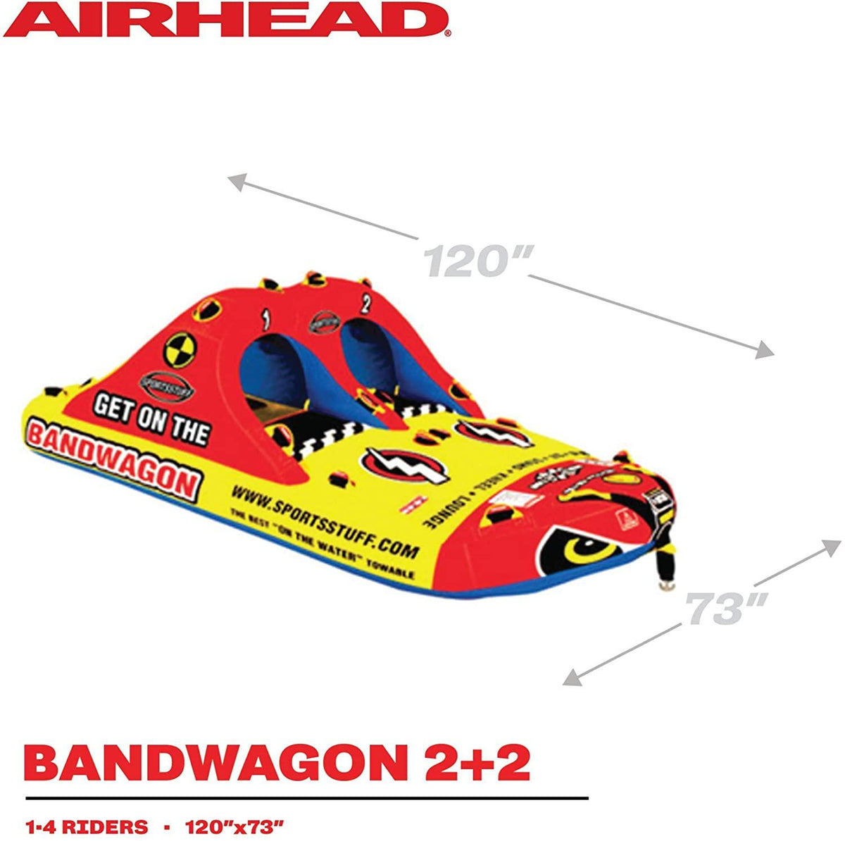 SportsStuff Bandwagon 2+2 | 1-4 Rider Towable Tube for Boating, Black, Dimensions = inflated (118in x 70in) deflated (124in x 76in) (53-1620)