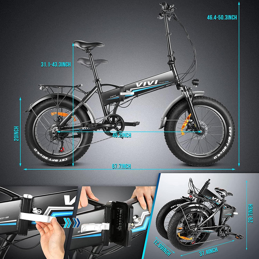 VIVI 500W Folding Ebike, 204.0 Inch Fat Tire Electric Bike, 48V 10.4AH Removable Battery,  7 Speed City Bike Electric Bicycle for Adults