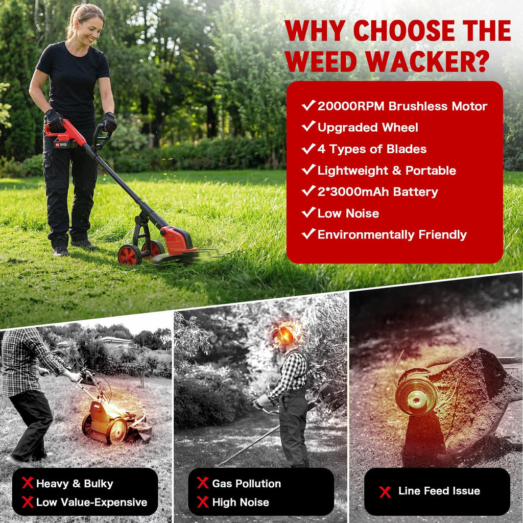 20000 RPM Electric Weed Wacker with Wheel,12″ Brushless Cordless Weed Eater Battery Powered, 4-in-1 Brush Cutter/String Trimmer/Grass Trimmer/Lawn Mower,Edger Stringless Weed Trimmer,5 Blade,2 Battery
