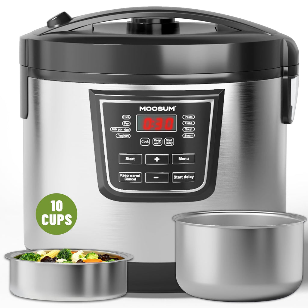 20 Cup Cooked (10 cup uncooked) Rice Cooker with 8 Functions, Healthy Coo Steel Pot & Steamer, Removable Inner Cover,  Steel Silver