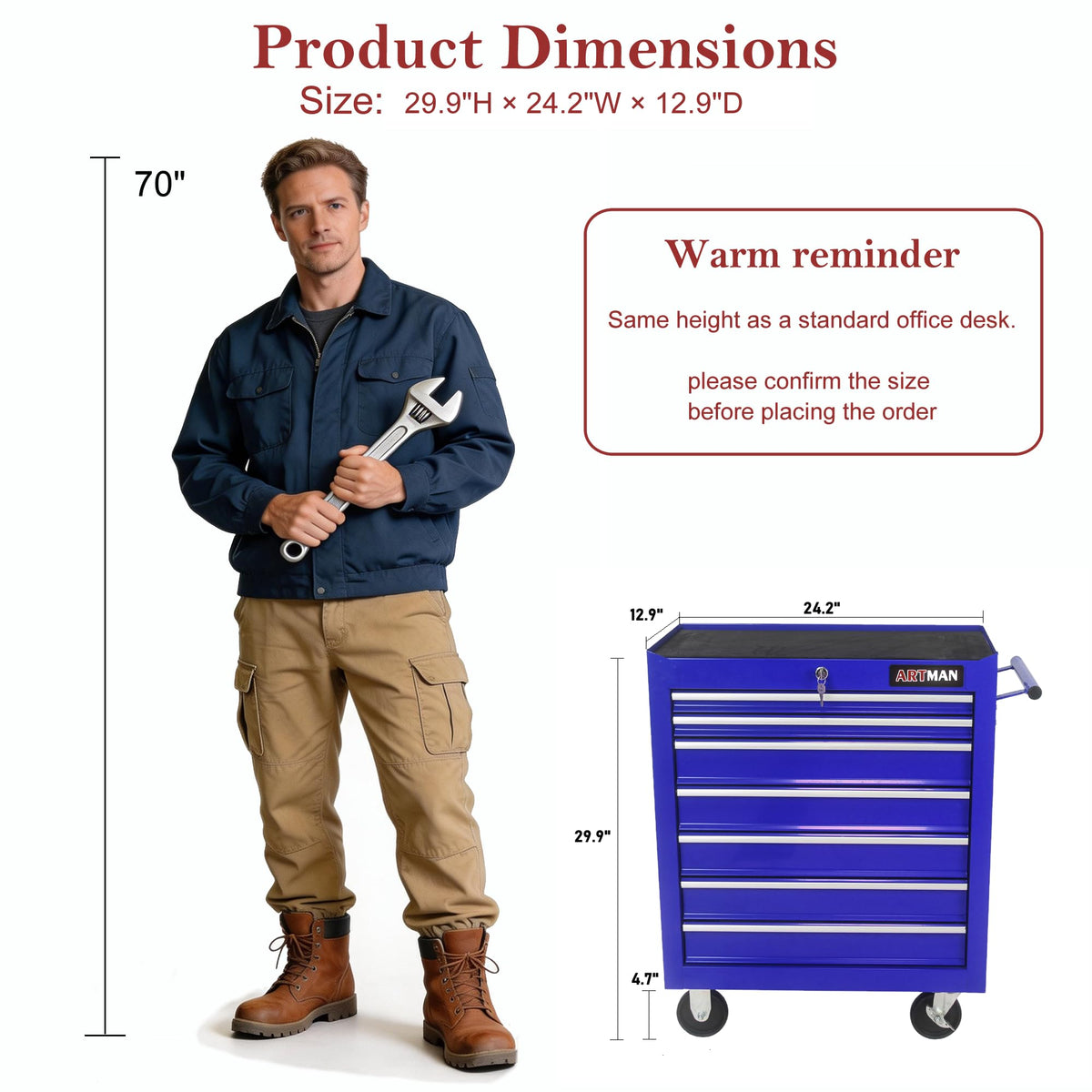7 Drawers Rolling Tool Chest & Tool Box on Wheels | Heavy Duty Metal Cart with Ball Bearing Drawers | Fits US General Tool Box for GaraStora(Blue, 7 Drawers（29.9" H × 24.2" W × 12.9" D)