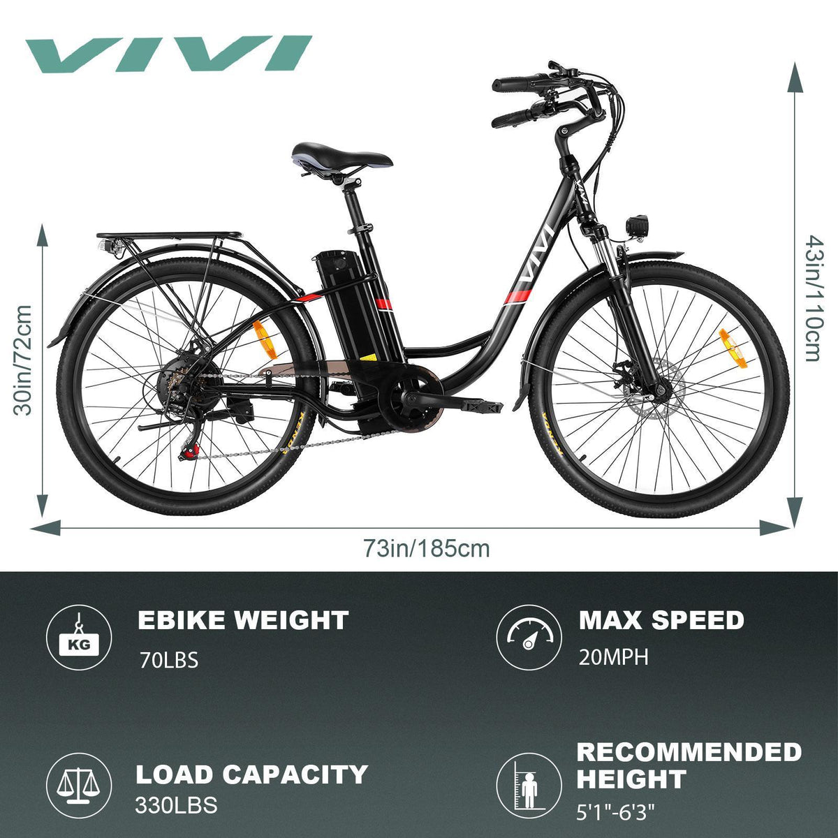 VIVI 350W 26" 25 Miles Electric Bike Adjustable Comfortable Cruiser and Hybrid Bicycle wtih Double Disc Brakes, 3 Mode &amp; 7-Speed Gear, Removable Lithium-ion Battery, Headlamp Commuter Electric Bicycle
