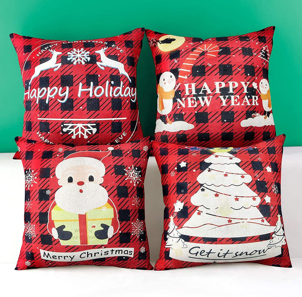 Christmas Pillowcase 1818 inch 4PCS Winter Decoration Buffalo Plaid Linen Print Santa Claus Christmas Tree Snowman elk Ornaments Sofa Decorative Pillowcase Invisible Zipper Square Pillowcase