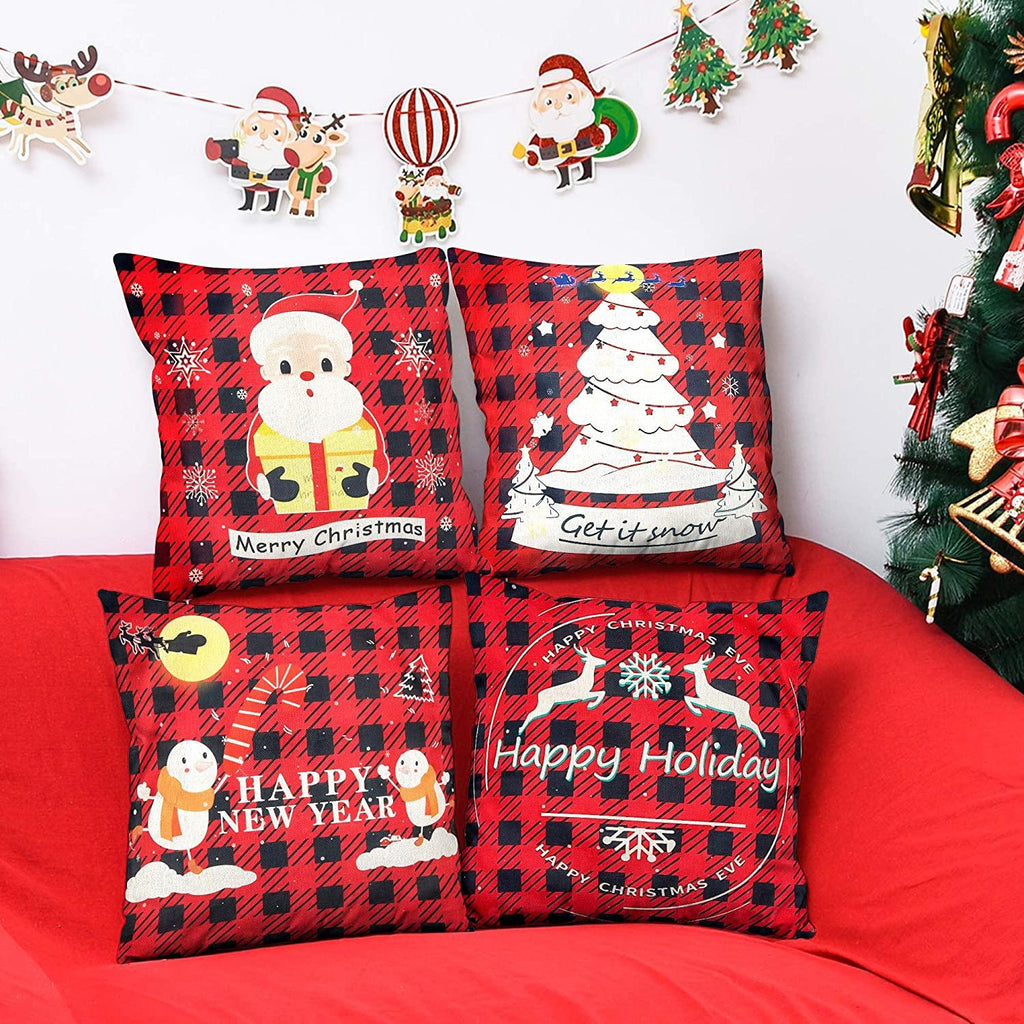 Christmas Pillowcase 18×18 inch red Holiday Farmhouse Sofa Linen Pillowcase Christmas Series Decorations Cushion Cover Hugging Pillowcase Invisible Zipper Square Pillowcase（4 Pillowcases）