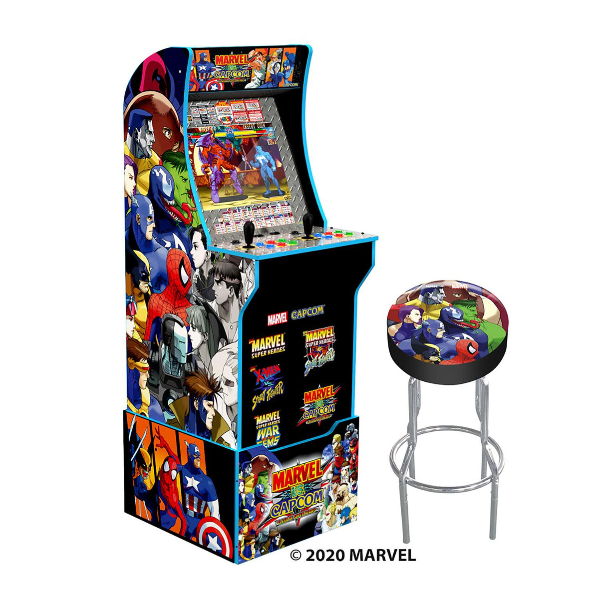 Arcade1UP Marvel vs. Capcom, 4 Games in 1, Arcade with Riser, Lit Marquee, and Stool