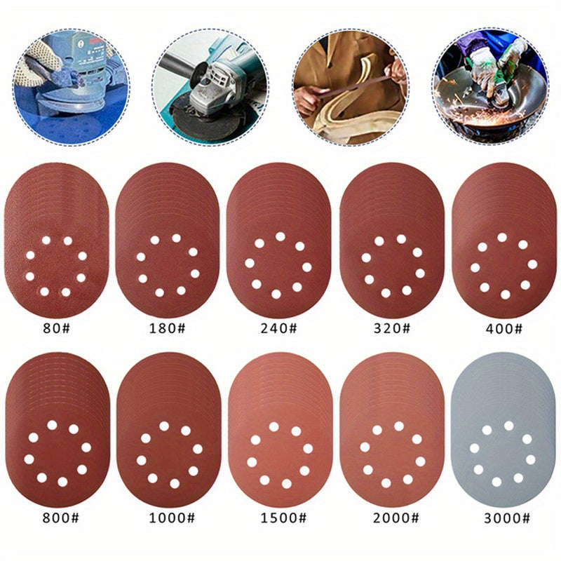 50pcs 12.5cm/4.92in Sandpaper Round Sanding Discs - 8 Hole Hook & Loop Sander Polishing Pad for Buffing & Sanding