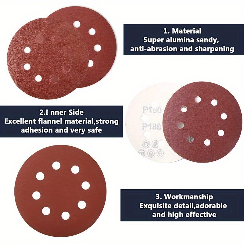 50pcs 12.5cm/4.92in Sandpaper Round Sanding Discs - 8 Hole Hook & Loop Sander Polishing Pad for Buffing & Sanding