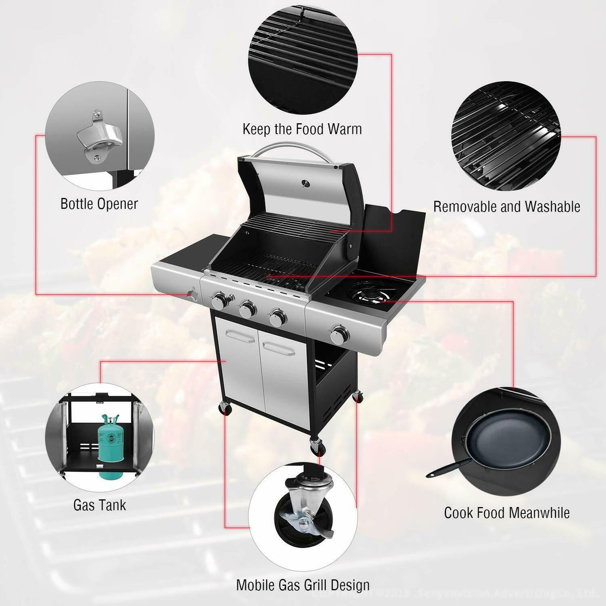 34000 BTU Liquid Propane Grill with 3-Burner,Temperature Display